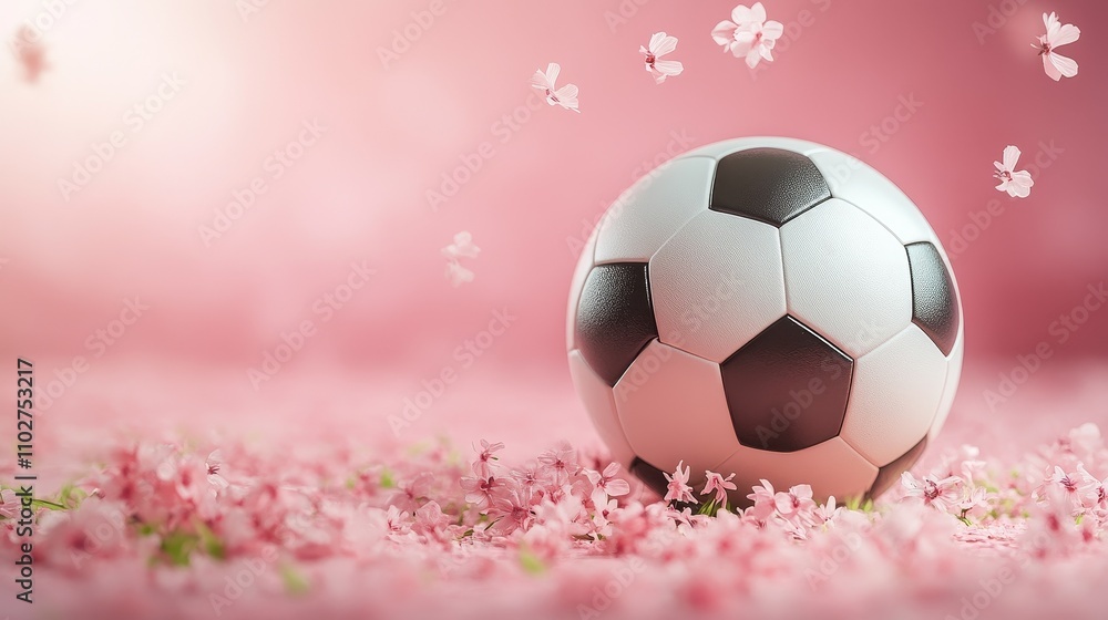 Naklejka premium Minimalist soccer ball design with hearts and flowers on a pastel pink background, combining beauty, simplicity, and elegance in a modern and clean aesthetic, perfect for contemporary concepts.
