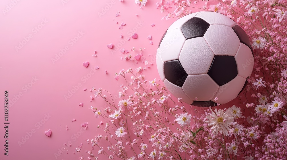 Naklejka premium Minimalist soccer ball design with hearts and flowers on a pastel pink background, combining beauty, simplicity, and elegance in a modern and clean aesthetic, perfect for contemporary concepts.