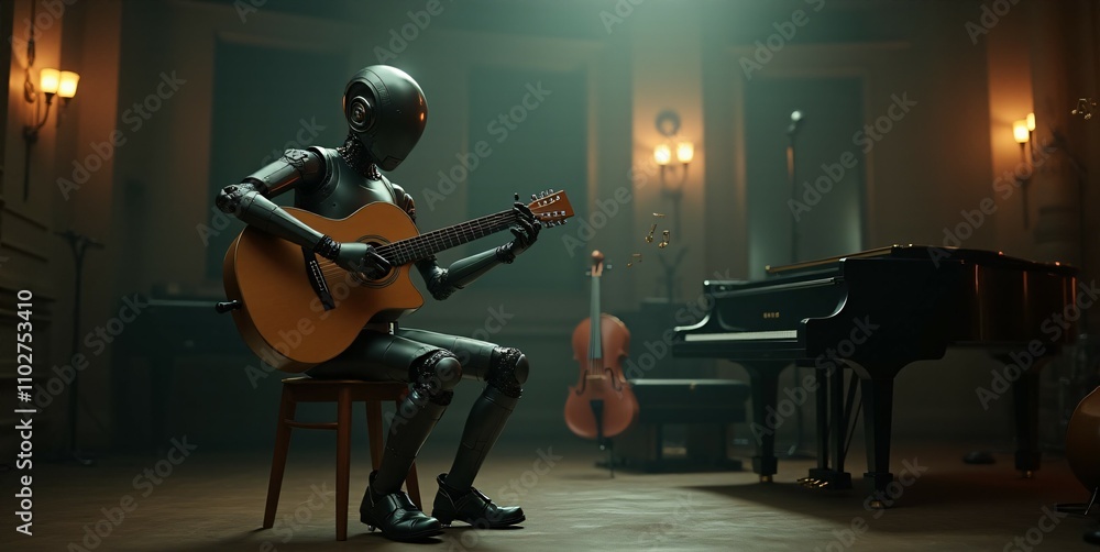 Fototapeta premium A humanoid robot strums an acoustic guitar in a dimly lit music room, surrounded by a piano, cello, and drum set. The scene captures the fusion of technology and art.