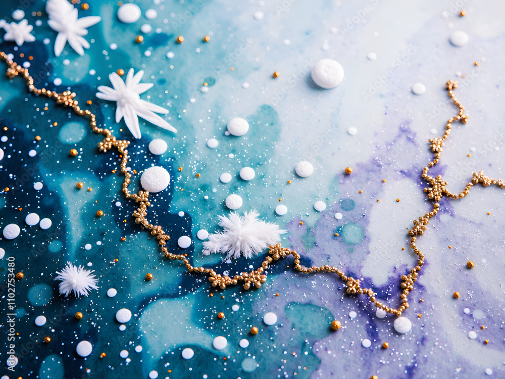 A dazzling cosmic landscape with glimmering galaxies and ethereal snowflakes on a dreamy blue background, photography of abstract concept. A dazzling cosmic landscape with glimmering galaxies and ethereal snowflakes on a dreamy blue background, photography of abstract concept.