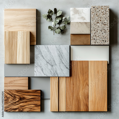 Create a photo realistic flat lay of a new construstion material board with natural wood finishes in white oak, cherry and chrome photo