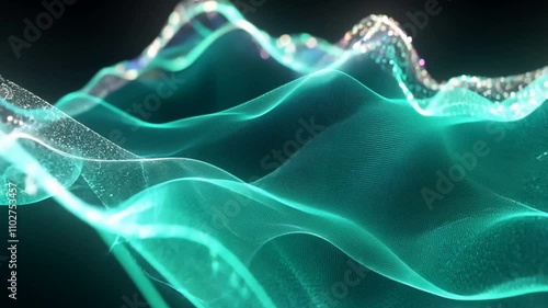 3D fluid wave glowing with iridescent hues, seamlessly looping against a dark black backdrop in 4K