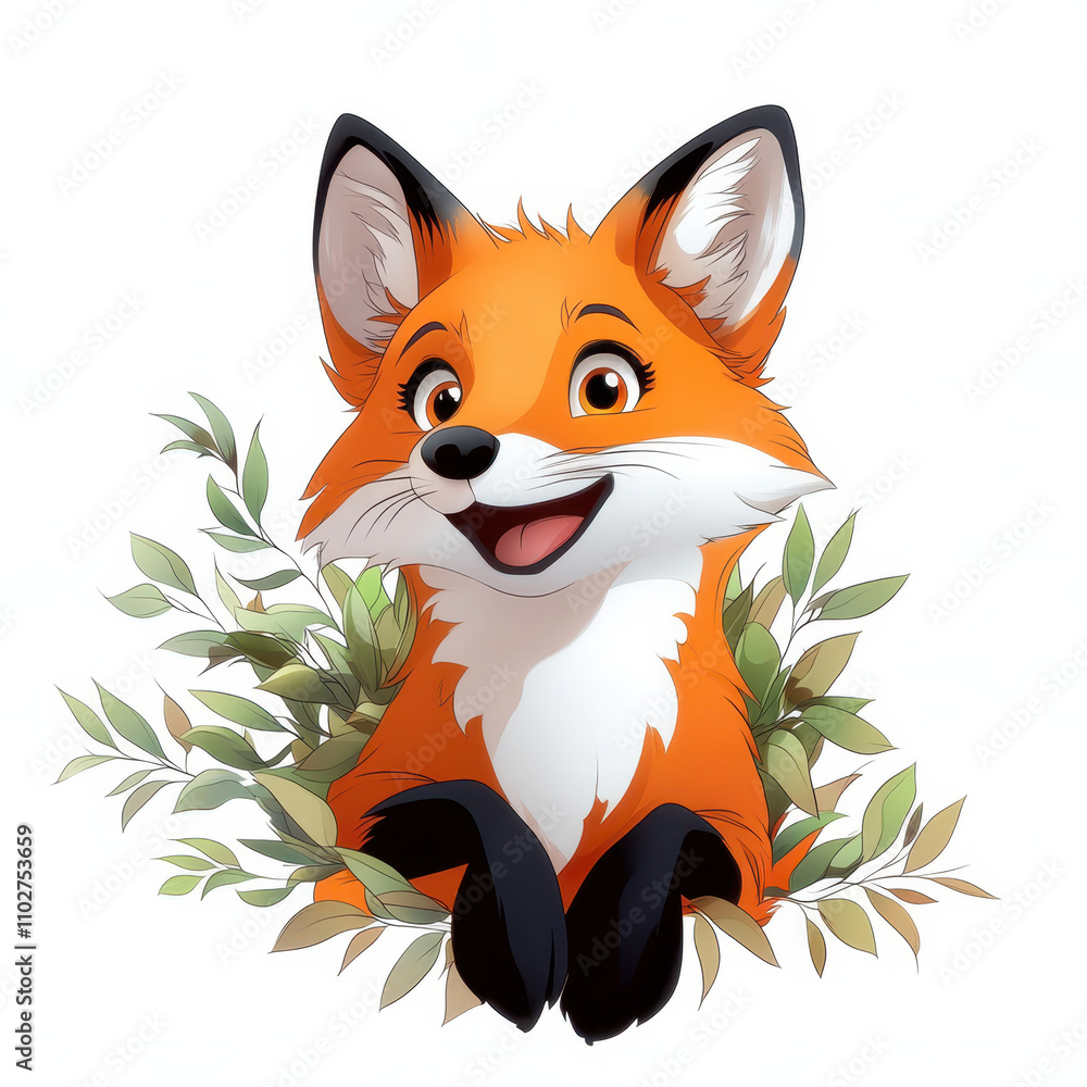 cheerful cartoon fox with bright orange fur peeks out from behind green leaves, exuding playful and friendly vibe cheerful cartoon fox with bright orange fur peeks out from behind green leaves, exuding playful and friendly vibe