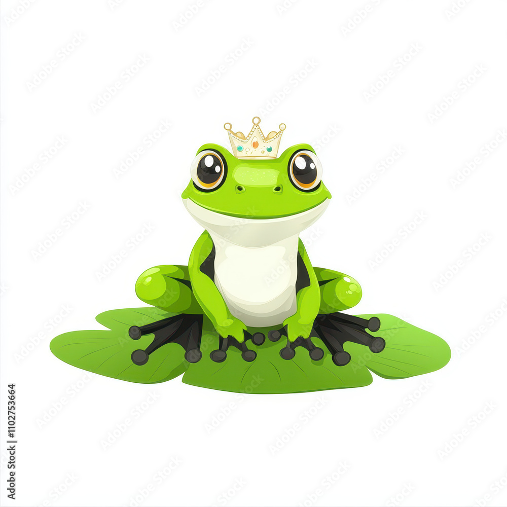 cartoon frog wearing crown sits on lily pad, exuding charm and playfulness. This whimsical character captures attention with its bright green color and cheerful expression cartoon frog wearing crown sits on lily pad, exuding charm and playfulness. This whimsical character captures attention with its bright green color and cheerful expression