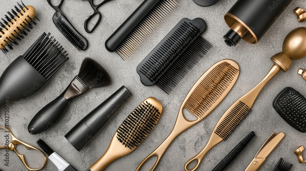 Fototapeta premium Salon tools like scissors, combs, brushes, and hair dryers laid out on a counter