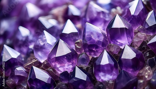 Deep purple amethyst crystals cluster together, showcasing their multifaceted beauty.