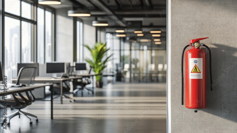 Red Fire Extinguisher In Modern Office Building Red Fire Extinguisher In Modern Office Building
