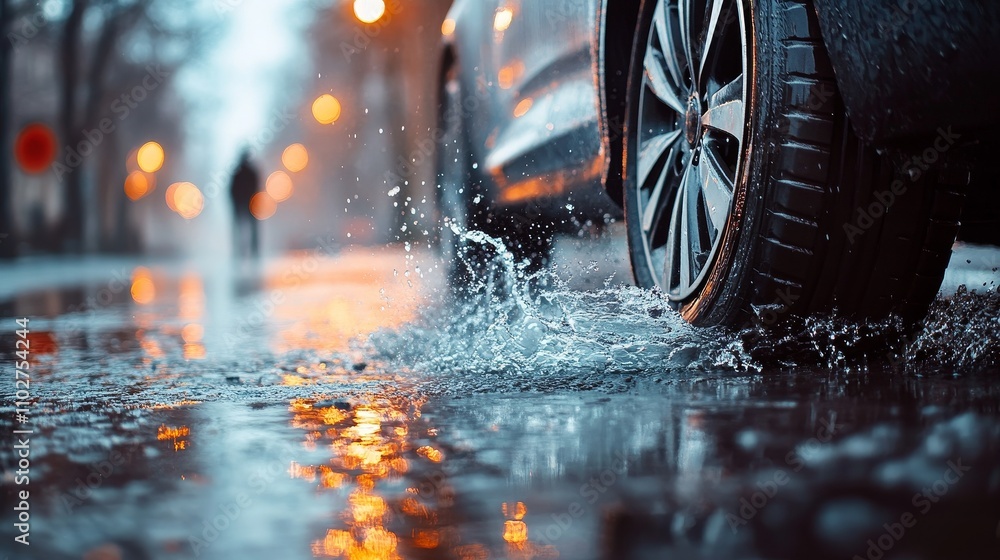 Realistic photo of a car tire splashing water on a wet road, focusing on the front left tire, as a person crosses the street, capturing motion, dynamic action, and road safety in an urban setting. Realistic photo of a car tire splashing water on a wet road, focusing on the front left tire, as a person crosses the street, capturing motion, dynamic action, and road safety in an urban setting.
