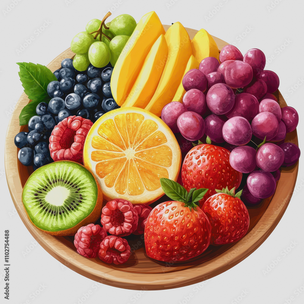 A Vibrant Assortment of Fresh Fruits Including Bananas, Grapes, Blueberries, Strawberries, Kiwi, Raspberries, and an Orange Displayed in a Wooden Bowl, Perfect for Healthy Eating A Vibrant Assortment of Fresh Fruits Including Bananas, Grapes, Blueberries, Strawberries, Kiwi, Raspberries, and an Orange Displayed in a Wooden Bowl, Perfect for Healthy Eating