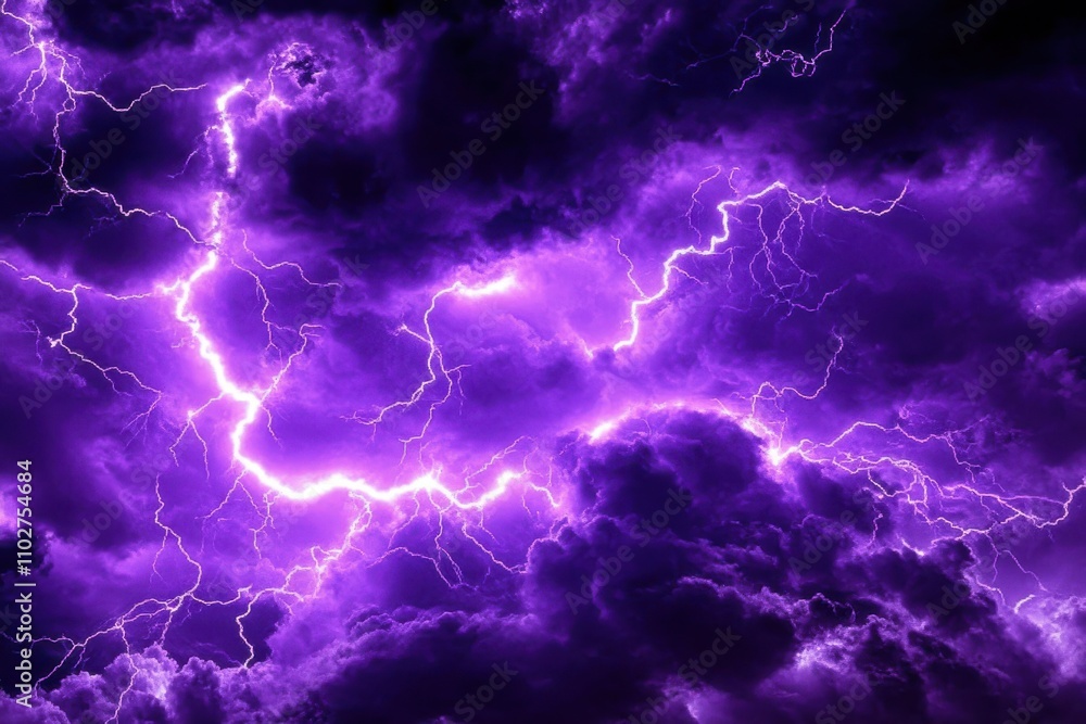 A stormy atmosphere highlighted by a bright purple flash of lightning
