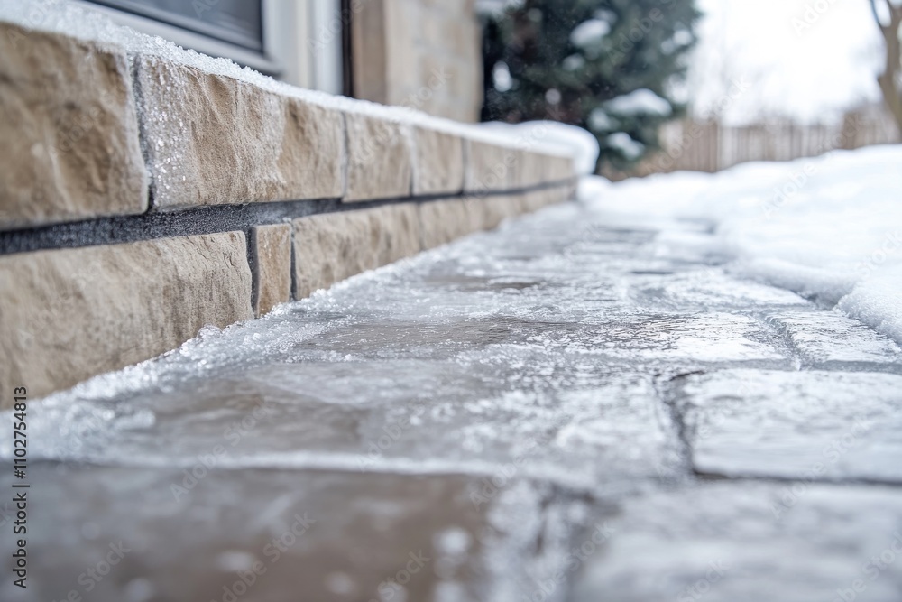 Precarious walkway. Icy surface at entryway, slick tiles posing risk on the path, perilous travel conditions. Cold weather season Precarious walkway. Icy surface at entryway, slick tiles posing risk on the path, perilous travel conditions. Cold weather season