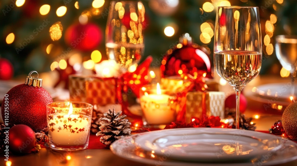 Festive Christmas table setting with candles, wine glasses, ornaments, and gifts. Festive Christmas table setting with candles, wine glasses, ornaments, and gifts.