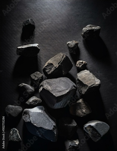 Dark, moody still life featuring a collection of various sized dark grey and black stones. photo