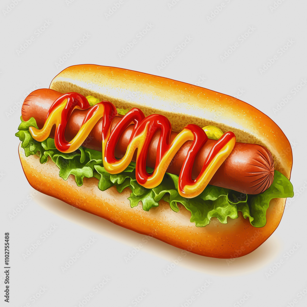 Delicious Hot Dog with Mustard and Ketchup Topped with Fresh Lettuce in a Soft Bun against a Neutral Background Delicious Hot Dog with Mustard and Ketchup Topped with Fresh Lettuce in a Soft Bun against a Neutral Background