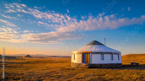 Sunrise Over the Mongolian Yurt in Hulunbuir Grassland	 photo