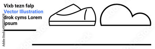 Line art shoe and cloud, minimalistic design. Includes placeholder text Vixb tezn falp, drok cyms Lorem ipsum. Ideal for websites, print, branding, advertising, e-commerce, fashion. Landing page