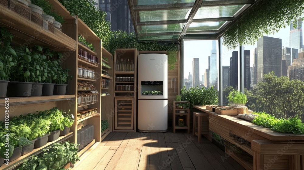A modern greenhouse kitchen filled with plants and storage, overlooking a city skyline. A modern greenhouse kitchen filled with plants and storage, overlooking a city skyline.