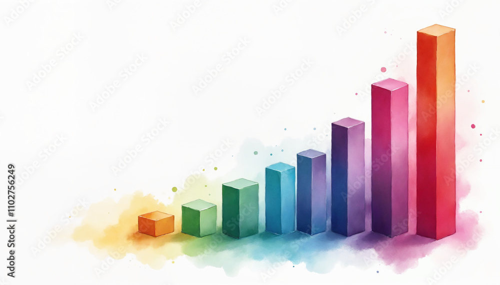 Fototapeta premium Colorful watercolor bar graph showing growth in soft pastel shades with a copy space
