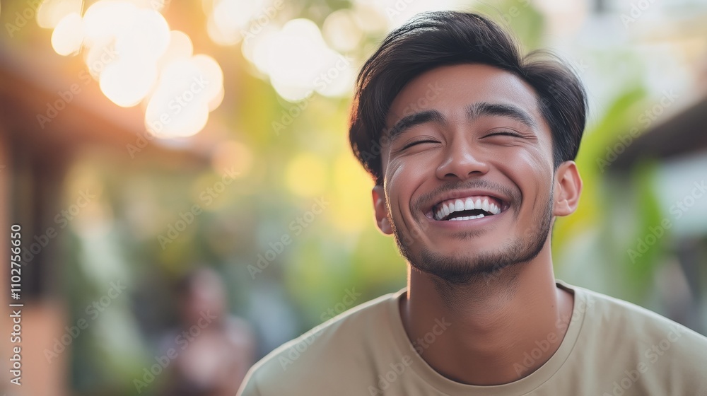 Joyful Young Man Laughing with Eyes Closed Under Twinkling Lights Joyful Young Man Laughing with Eyes Closed Under Twinkling Lights