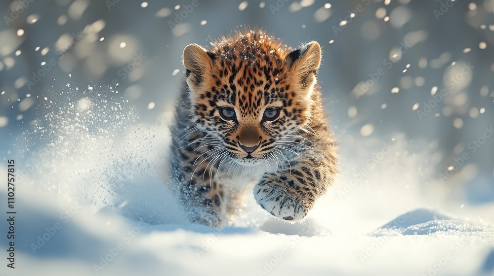 Obraz premium Realistic close-up shots showcase a mischievous cheetah interacting with the snow, highlighting its innocence and vitality. The background is a snow covered mountain range, taken under bright sunlight