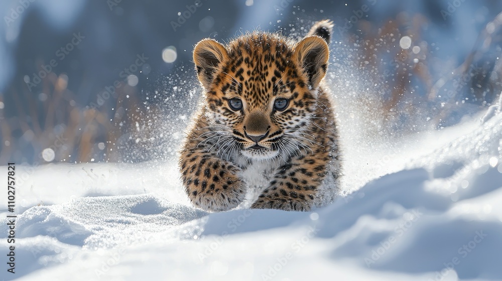 Realistic close-up shots showcase a mischievous cheetah interacting with the snow, highlighting its innocence and vitality. The background is a snow covered mountain range, taken under bright sunlight Realistic close-up shots showcase a mischievous cheetah interacting with the snow, highlighting its innocence and vitality. The background is a snow covered mountain range, taken under bright sunlight