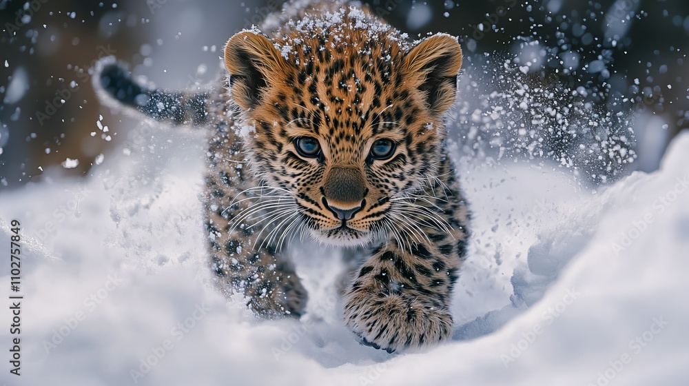 Realistic close-up shots showcase a mischievous cheetah interacting with the snow, highlighting its innocence and vitality. The background is a snow covered mountain range, taken under bright sunlight Realistic close-up shots showcase a mischievous cheetah interacting with the snow, highlighting its innocence and vitality. The background is a snow covered mountain range, taken under bright sunlight
