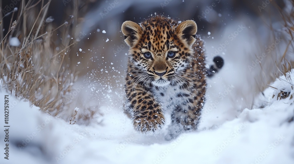 Obraz premium Realistic close-up shots showcase a mischievous cheetah interacting with the snow, highlighting its innocence and vitality. The background is a snow covered mountain range, taken under bright sunlight