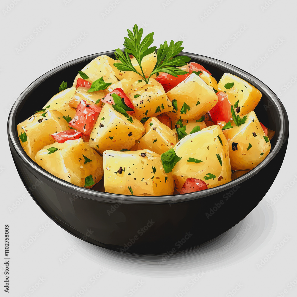 Fresh and Vibrant Potato Salad with Herbs and Vegetables in a Black Bowl Perfect for Summer Picnics and Barbecues, Healthy Side Dish for Any Occasion Fresh and Vibrant Potato Salad with Herbs and Vegetables in a Black Bowl Perfect for Summer Picnics and Barbecues, Healthy Side Dish for Any Occasion