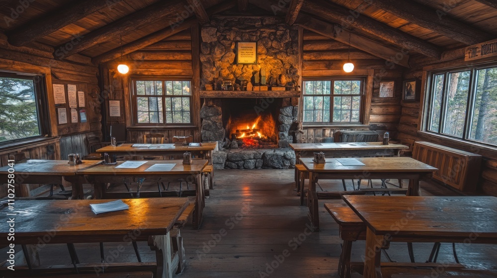 Cozy log cabin interior with tables, a fireplace, and large windows. Cozy log cabin interior with tables, a fireplace, and large windows.