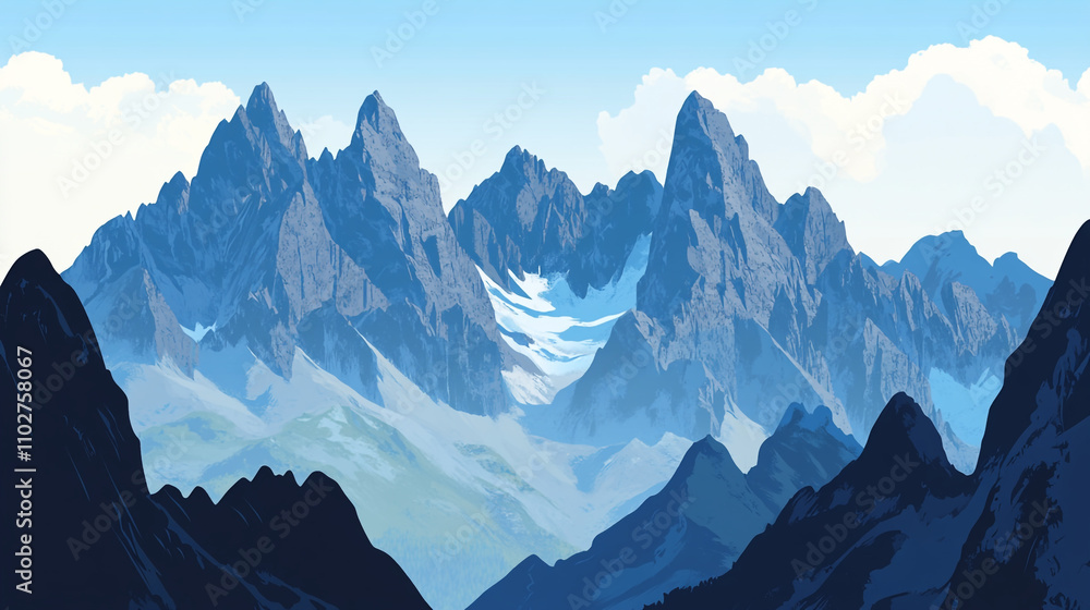 Majestic mountain range with snow-capped peaks under a clear blue sky Majestic mountain range with snow-capped peaks under a clear blue sky