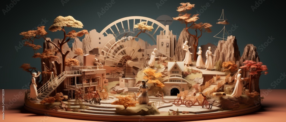 Obraz premium Intricate Paper Sculpture Depicting Nature and Urban Life in Harmony