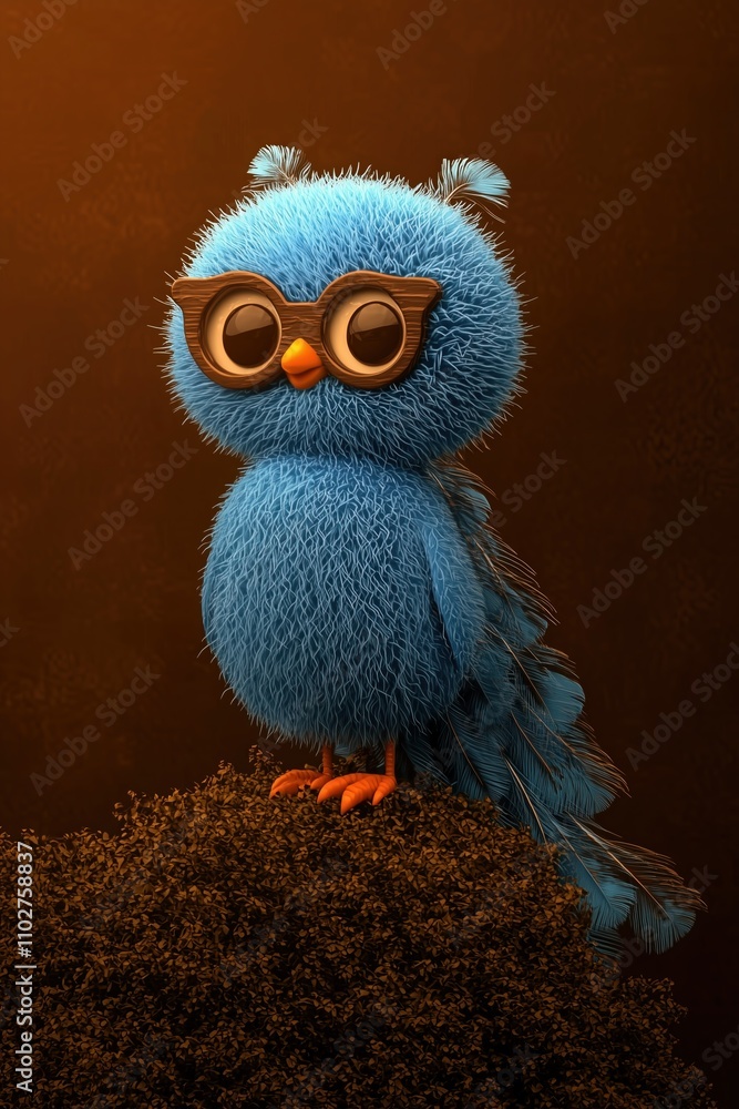 Fototapeta premium Vibrant blue peacock stands proudly on a mossy perch, adorned with stylish glasses that enhance its whimsical charm during the golden hour of dawn