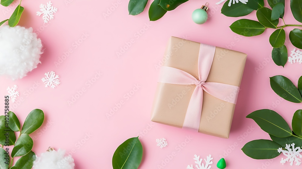 Charming Gift Box Wrapped in Pink Ribbon Surrounded by Holiday Decorations and Greenery Charming Gift Box Wrapped in Pink Ribbon Surrounded by Holiday Decorations and Greenery