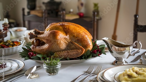 Golden roasted turkey with crispy skin, served on platter with fresh herbs, cranberries, and gravy boat on festive table