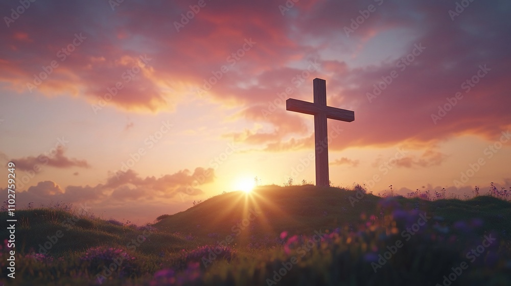 Sunset silhouette of a cross on a hilltop. Sunset silhouette of a cross on a hilltop.
