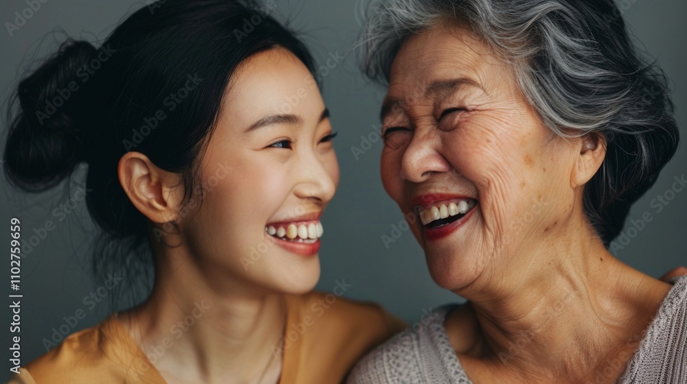 微笑みあう老人と若い女性 微笑みあう老人と若い女性