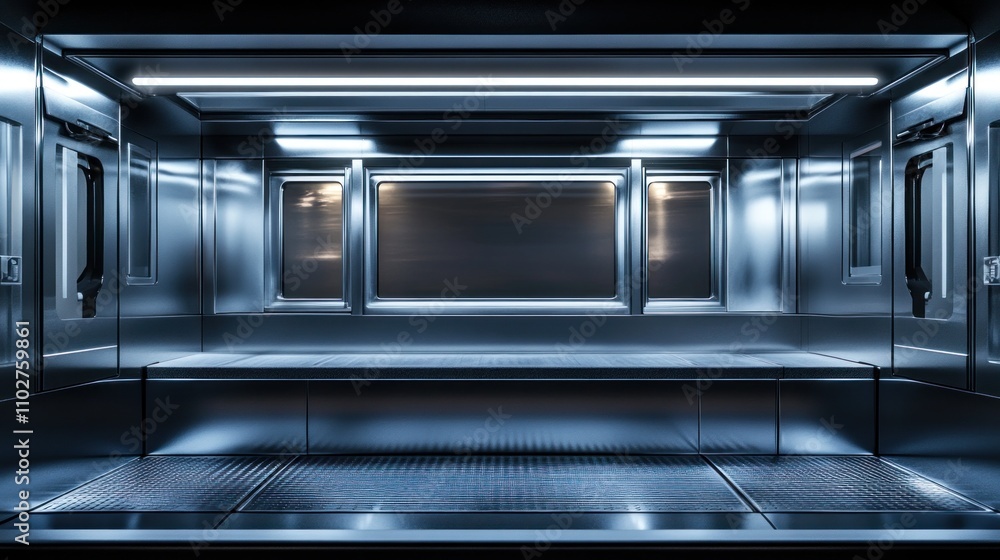 A sleek, metallic interior of an empty transport container or vehicle. A sleek, metallic interior of an empty transport container or vehicle.