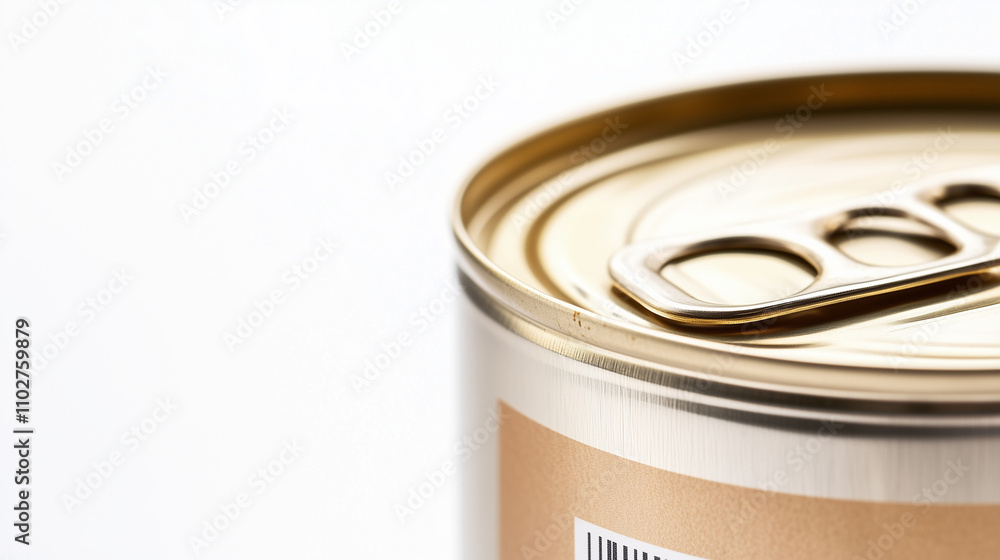 Close-up of unopened canned food with recall label on clean white background, slight tilt emphasizing label, copy space for text. Close-up of unopened canned food with recall label on clean white background, slight tilt emphasizing label, copy space for text.