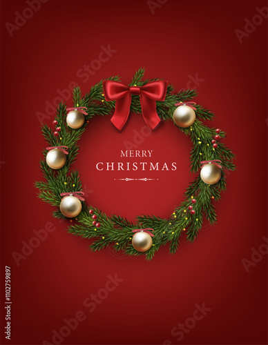 3d realistic vector illustration.  Red celebration banner christmas door wreath with decorations of fir tree, balls and lights with red ribbon.