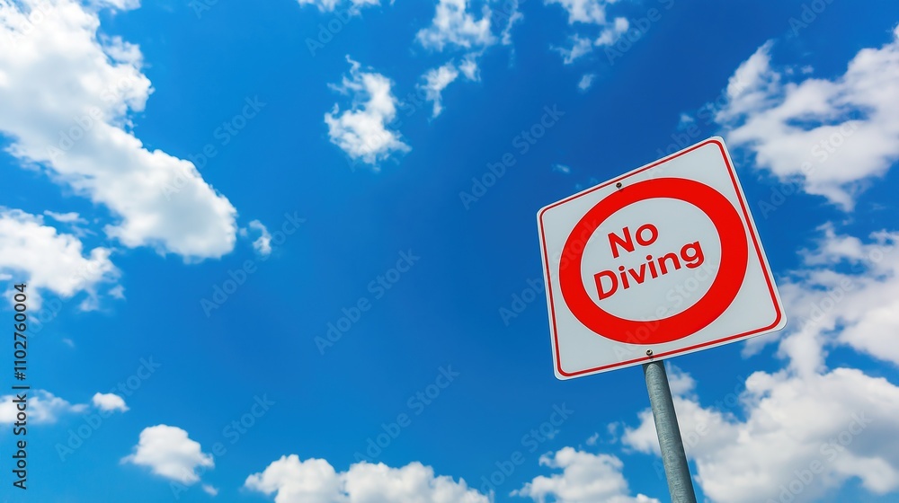 No Diving warning sign with a red circle and diagonal line. Water parks, safety education, schools, water safety, drowning prevention, swimming rules, child safety No Diving warning sign with a red circle and diagonal line. Water parks, safety education, schools, water safety, drowning prevention, swimming rules, child safety