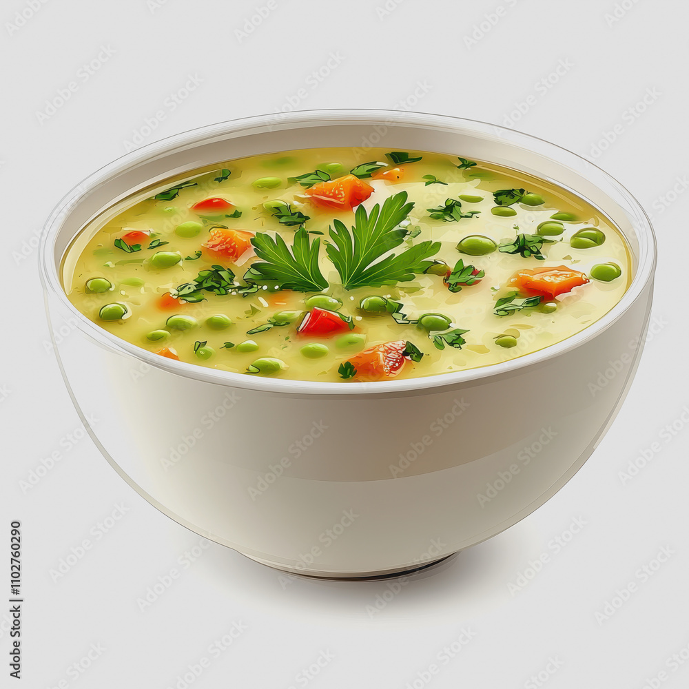 Freshly Made Creamy Pea Soup with Colorful Vegetables and Herbs for a Delicious and Nutritious Meal Ideal for Any Occasion