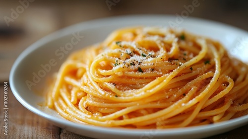 A delicious and vibrant orange spaghetti that looks like a tomato blend. The rich creamy texture and bright color tones make it a mouth watering visual delicacy, perfect for food lovers. photo