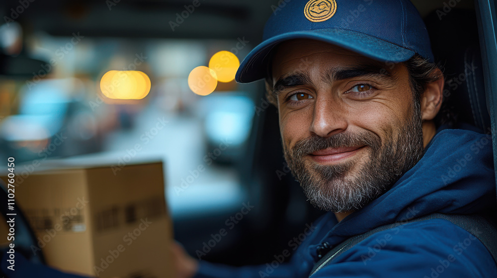 Smiling delivery driver in his car holding a package, looking at the camera. Smiling delivery driver in his car holding a package, looking at the camera.