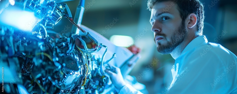 Maintenance Engineer Performing Precision Tasks on Jet Engine Maintenance Engineer Performing Precision Tasks on Jet Engine
