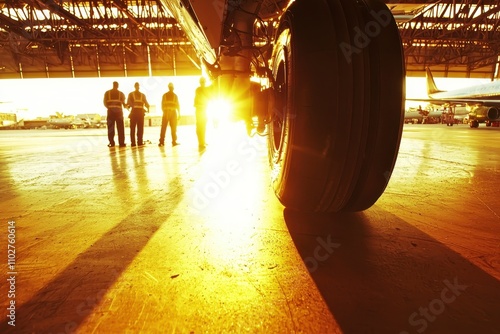 Aircraft Repair Team Servicing Landing Gear in a Hangar
