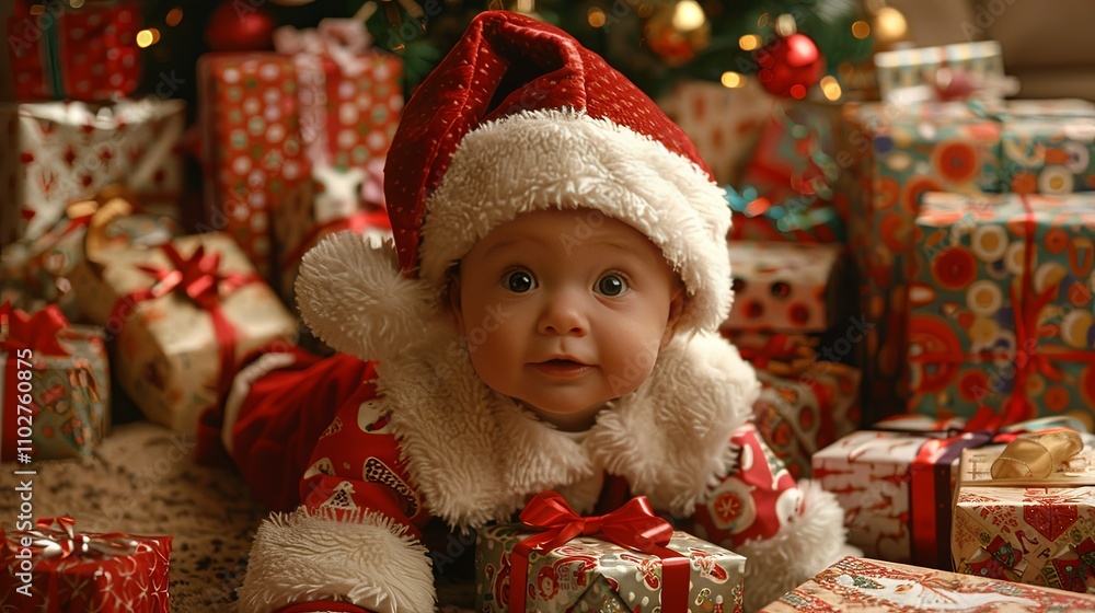 Christmas Baby in Santa Suit Amongst Presents Christmas Baby in Santa Suit Amongst Presents