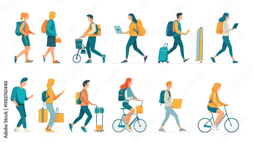 Vector illustration of various lifestyle people icons representing different activities like fitness, travel, and work Vector illustration of various lifestyle people icons representing different activities like fitness, travel, and work