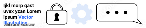 Padlock represents security, gear symbolizes settings, and speech bubble signifies communication. Ideal for data protection, IT services, secure messaging, privacy settings, technical support