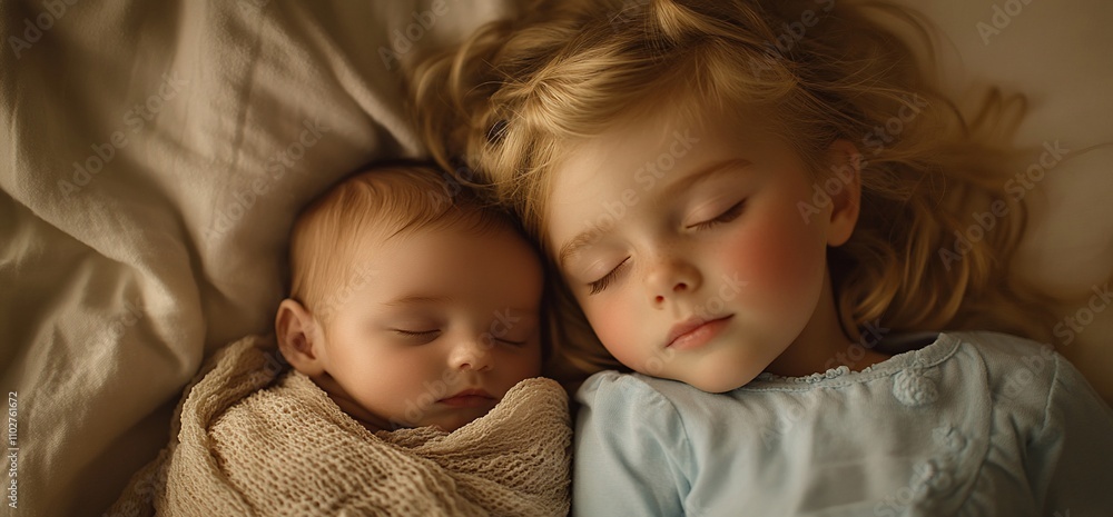 Sweet siblings sleeping peacefully together in bed. Sweet siblings sleeping peacefully together in bed.