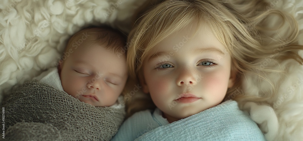 Adorable siblings, a toddler and newborn baby, sleeping peacefully together. Adorable siblings, a toddler and newborn baby, sleeping peacefully together.